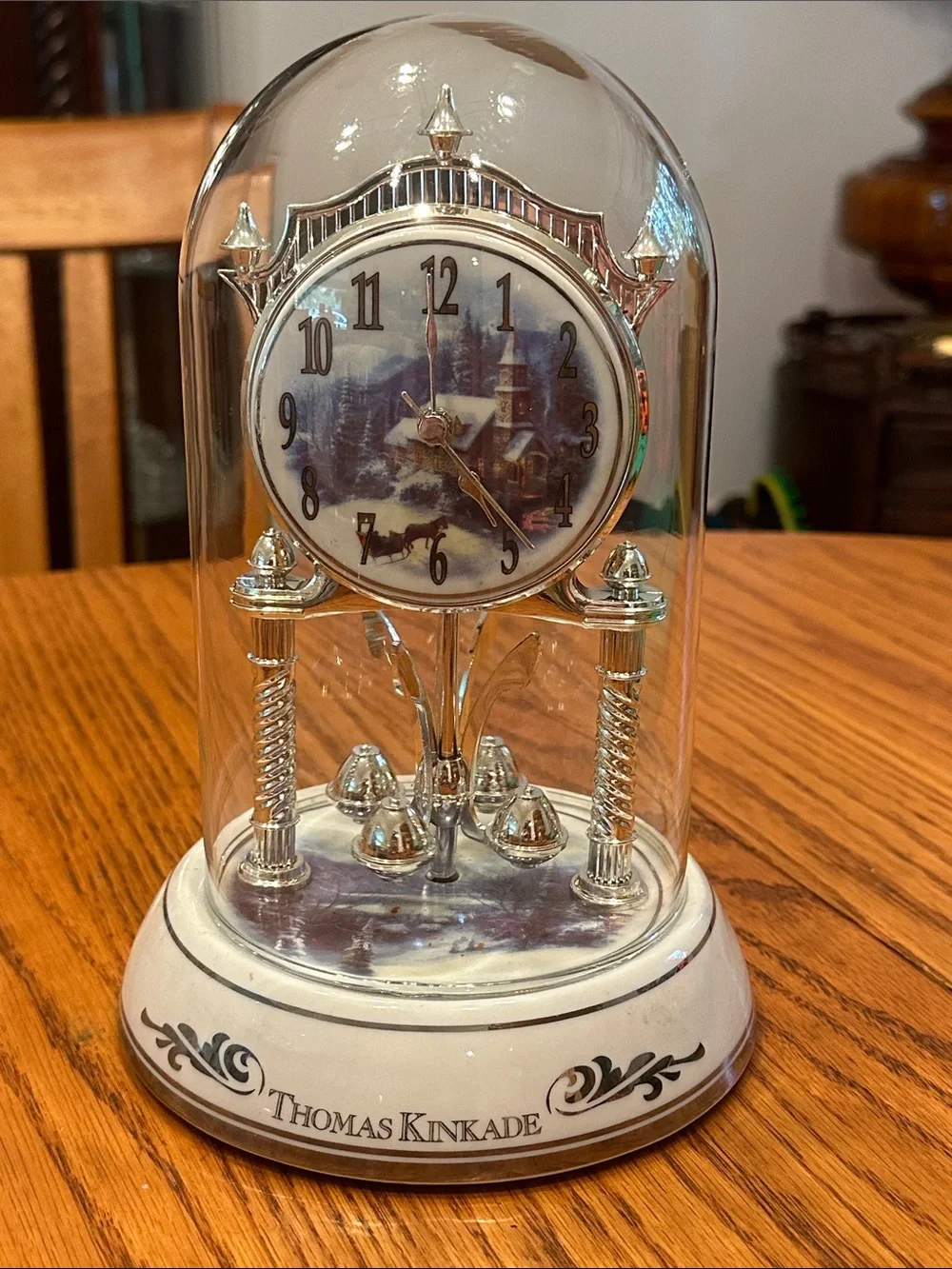 Thomas Kinkade Silver and White Dome Anniversary Clock with Scenic Dial